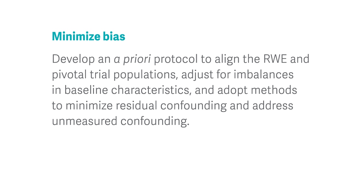 Minimize bias Develop an a priori protocol to align the RWE and pivotal trial populations, a djust for imbalances in    