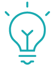 A simple teal line drawing of a light bulb with three small lines radiating from the top and sides, symbolizing an idea or inspiration. Description generated by AI