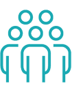 Five stylized people icons are arranged in a group with three in the front row and two behind. Description generated by AI