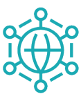 A teal network icon featuring a globe at the center connected by lines to six surrounding nodes. Description generated by AI