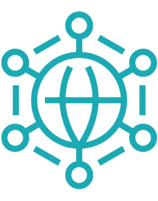 A stylized turquoise globe with latitude and longitude lines connected to six surrounding circles by lines, representing a network or global connectivity. Description generated by AI