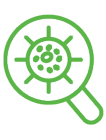 A green magnifying glass icon focusing on a virus or germ symbol. Description generated by AI