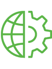 A green icon showing a globe on the left half and a gear on the right half, symbolizing global settings or technology. Description generated by AI