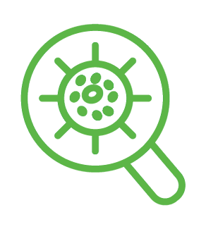 Green magnifying glass icon focusing on a cluster of microorganisms or germs. Description generated by AI
